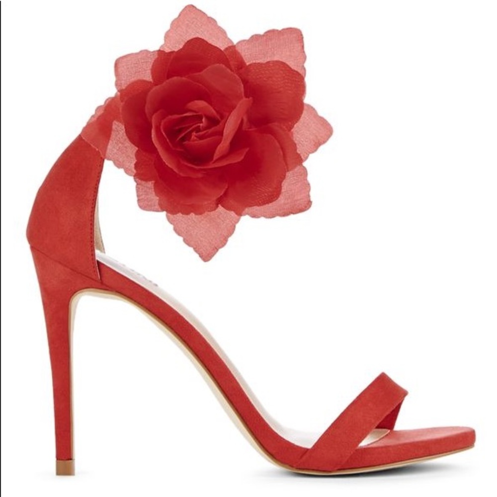 JUST FAB red faux suede minimal rose heels, NWT